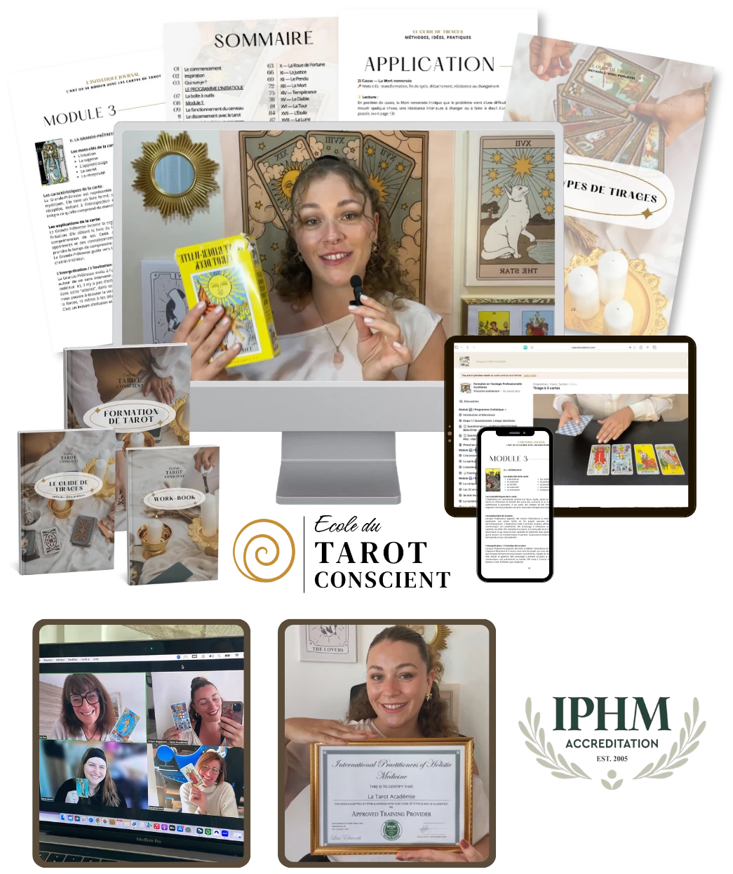 Tableau de présentation de l'École du Tarot Conscient : carnets imprimés, modules vidéo, plateforme en ligne et accompagnement de Chiara, l'ensemble du matériel pédagogique de l'école.