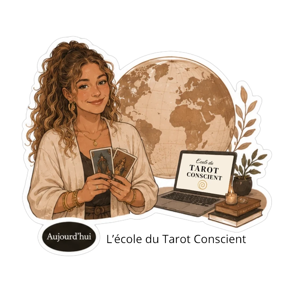 Illustration aquarelle de Chiara avec cartes en main, MacBook ouvert affichant l'École du Tarot Conscient, globe terrestre vintage en arrière-plan — Aujourd'hui · L'École du Tarot Conscient.